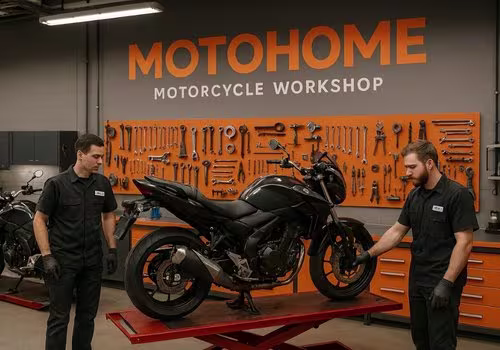 MotoHome motorcycle workshop interior with professional tools and certified technicians